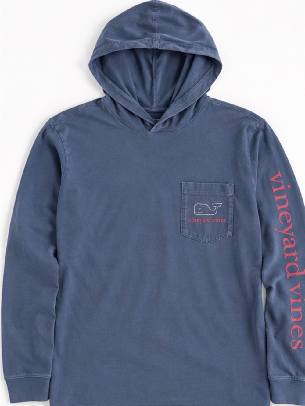 Vineyard Vines Slate Blue Hooded Long-Sleeve Pocket Tee with Pink Logo